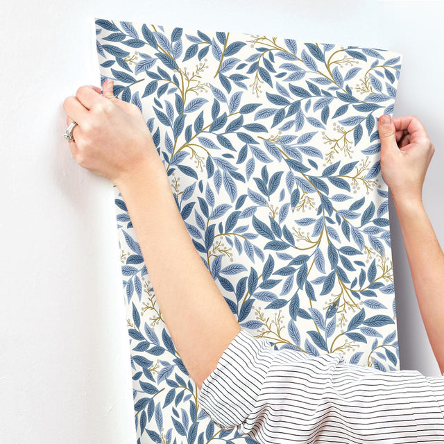 Willowberry Blue Wallpaper with Metallic Botanical Vines - York RF7461