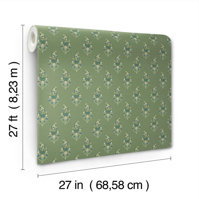 Paisley Green Metallic Non Woven Wallpaper with Floral Paisley Small Prints Pattern - York RF7471