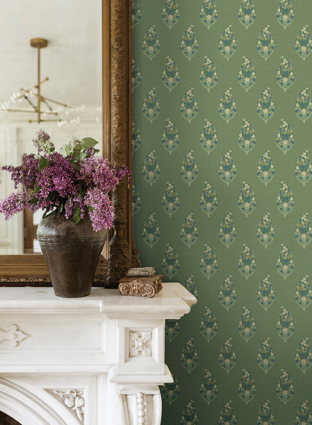 Paisley Green Metallic Non Woven Wallpaper with Floral Paisley Small Prints Pattern - York RF7471