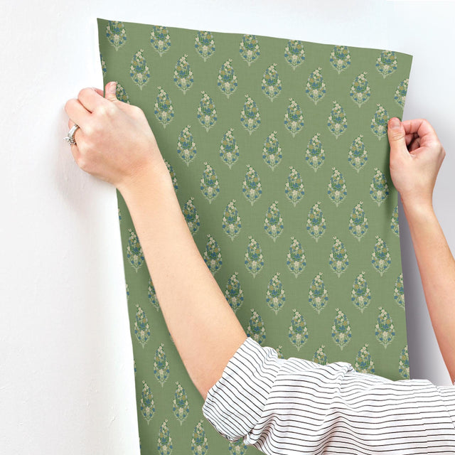 Paisley Green Metallic Non Woven Wallpaper with Floral Paisley Small Prints Pattern - York RF7471