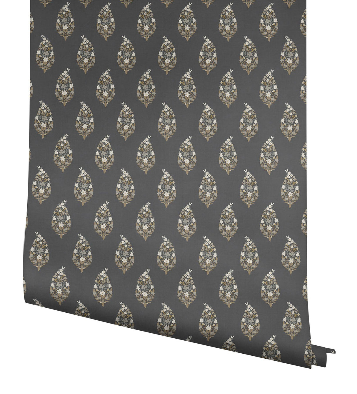 Paisley Black Wallpaper with Metallic Floral Paisley Motif - York RF7472