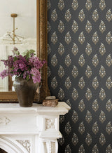 Paisley Black Wallpaper with Metallic Floral Paisley Motif - York RF7472
