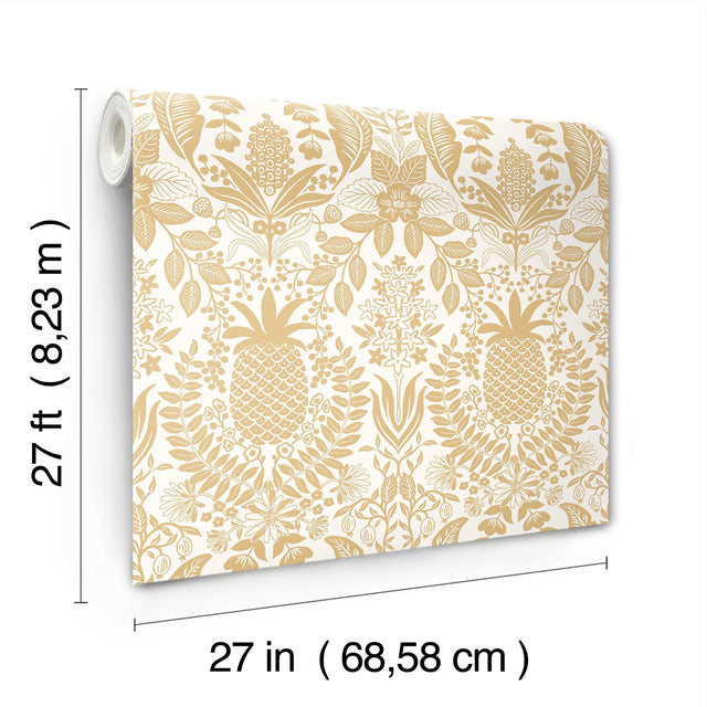 Pineapple Damask Gold Wallpaper with Metallic Pineapple Damask Pattern - York RF7482