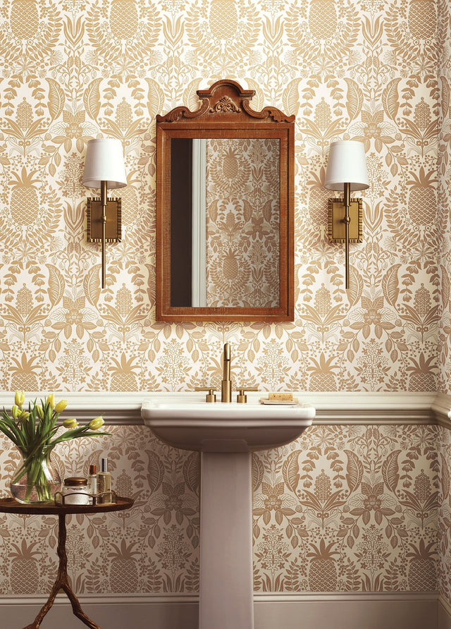 Pineapple Damask Gold Wallpaper with Metallic Pineapple Damask Pattern - York RF7482