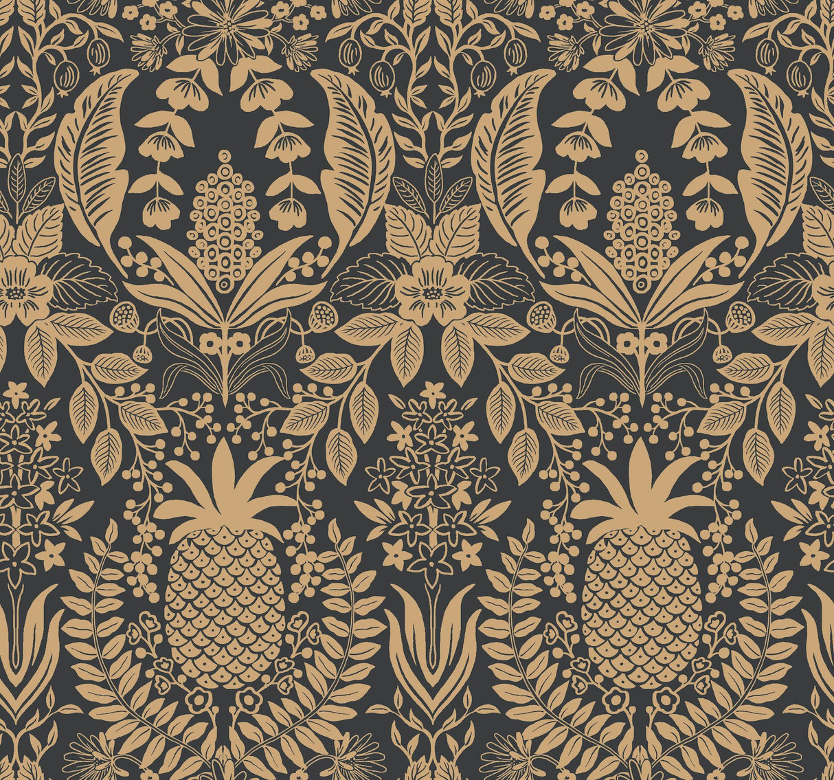 Pineapple Damask Black Wallpaper with Metallic Gold Pineapple Damask Pattern - York RF7483