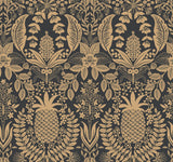 Pineapple Damask Black Wallpaper with Metallic Gold Pineapple Damask Pattern - York RF7483