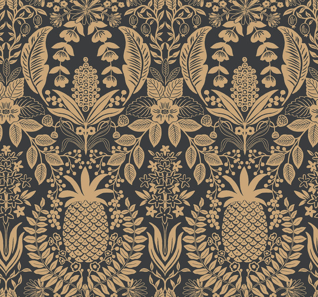 Pineapple Damask Black Wallpaper with Metallic Gold Pineapple Damask Pattern - York RF7483