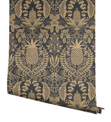 Pineapple Damask Black Wallpaper with Metallic Gold Pineapple Damask Pattern - York RF7483