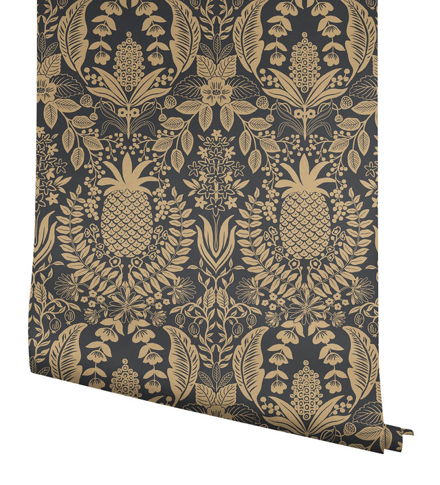 Pineapple Damask Black Wallpaper with Metallic Gold Pineapple Damask Pattern - York RF7483