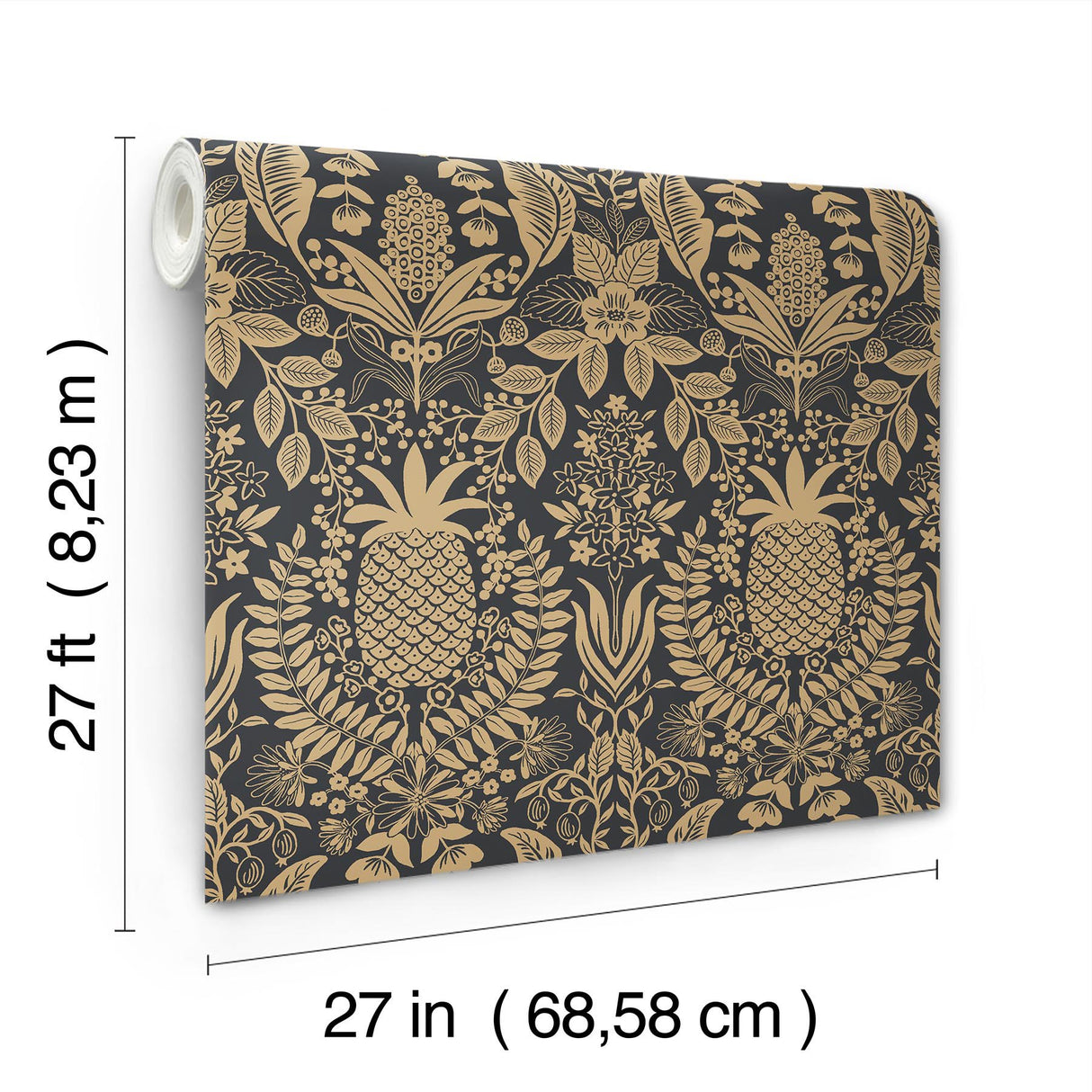 Pineapple Damask Black Wallpaper with Metallic Gold Pineapple Damask Pattern - York RF7483