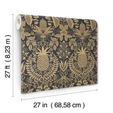 Pineapple Damask Black Wallpaper with Metallic Gold Pineapple Damask Pattern - York RF7483