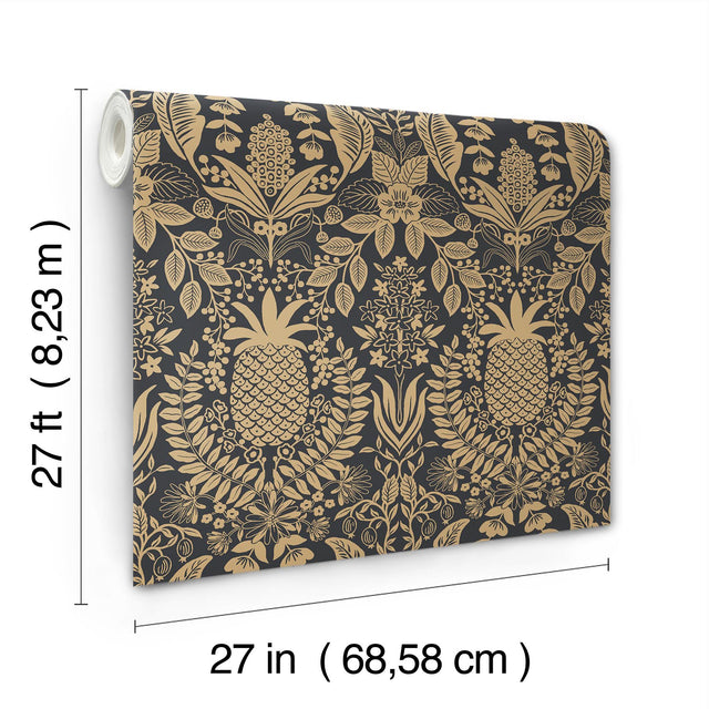 Pineapple Damask Black Wallpaper with Metallic Gold Pineapple Damask Pattern - York RF7483