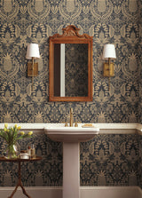 Pineapple Damask Black Wallpaper with Metallic Gold Pineapple Damask Pattern - York RF7483
