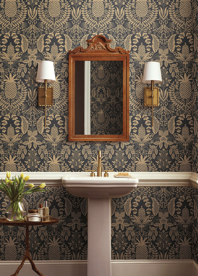 Pineapple Damask Black Wallpaper with Metallic Gold Pineapple Damask Pattern - York RF7483