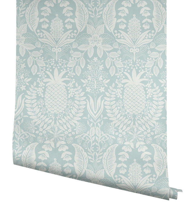 Pineapple Damask Light Blue Wallpaper with Traditional Novelty Motif - York RF7484