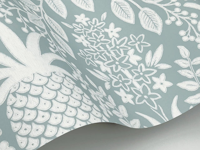 Pineapple Damask Light Blue Wallpaper with Traditional Novelty Motif - York RF7484