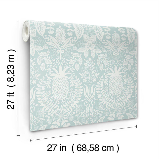 Pineapple Damask Light Blue Wallpaper with Traditional Novelty Motif - York RF7484