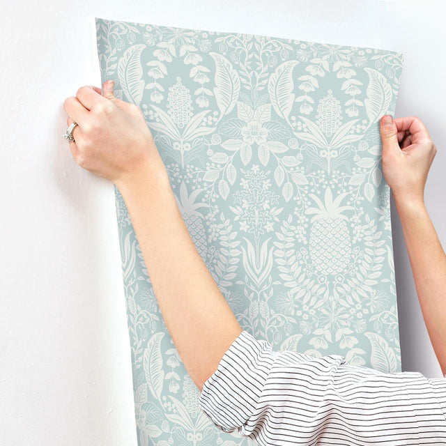 Pineapple Damask Light Blue Wallpaper with Traditional Novelty Motif - York RF7484