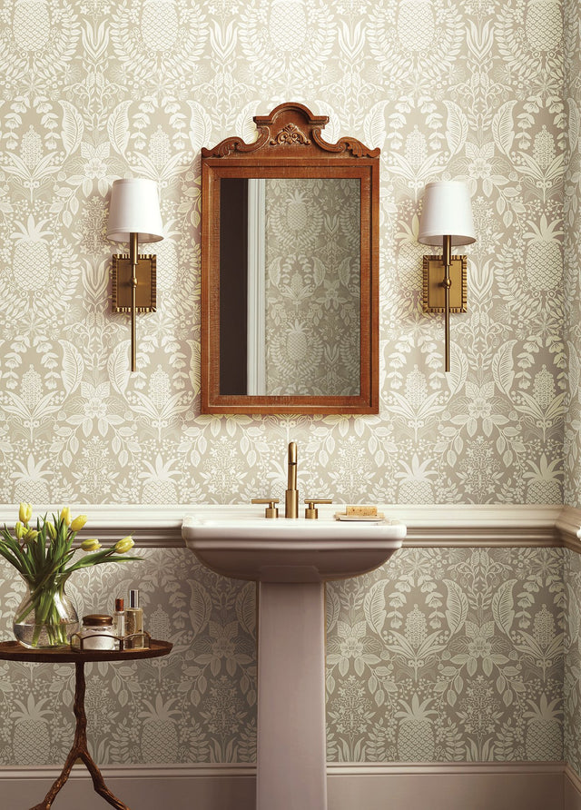 Pineapple Damask Linen Wallpaper with Traditional Novelty Pineapple Trellis Pattern - York RF7485