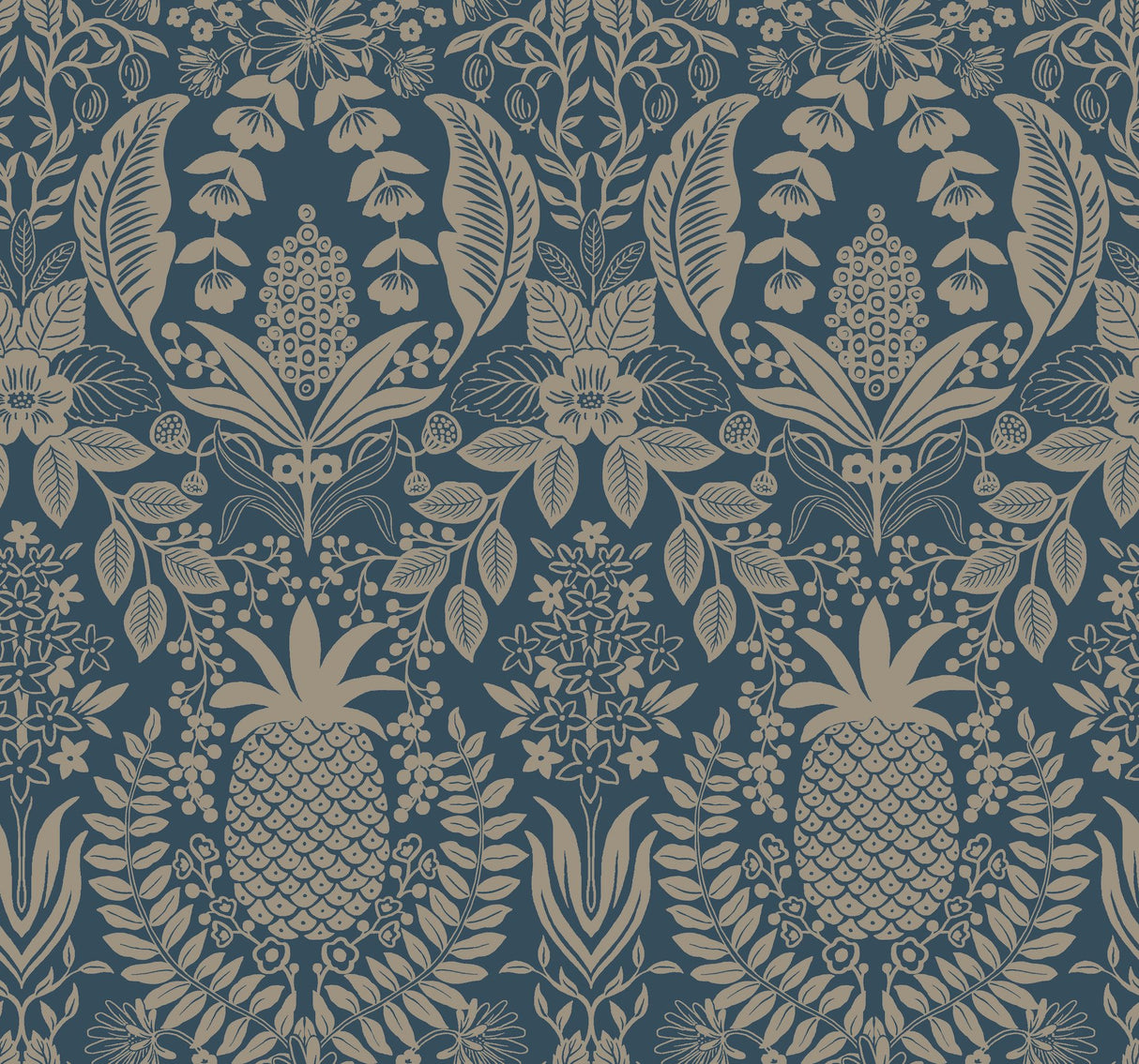 Pineapple Damask Navy Wallpaper with Traditional Novelty Pineapple Motif - York RF7486