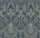 Pineapple Damask Navy Wallpaper with Traditional Novelty Pineapple Motif - York RF7486