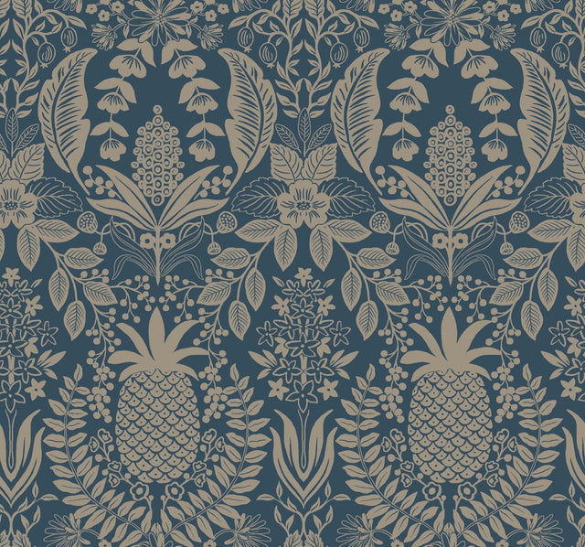 Pineapple Damask Navy Wallpaper with Traditional Novelty Pineapple Motif - York RF7486