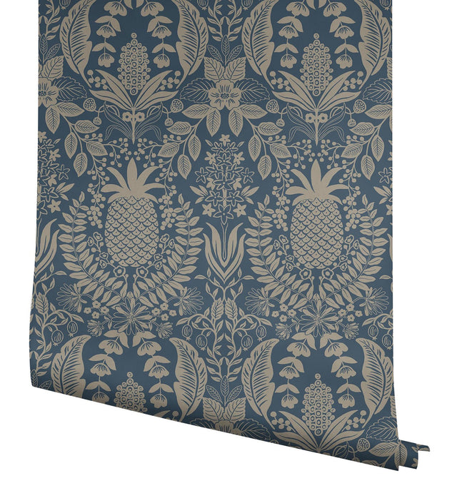 Pineapple Damask Navy Wallpaper with Traditional Novelty Pineapple Motif - York RF7486