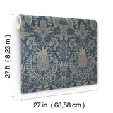 Pineapple Damask Navy Wallpaper with Traditional Novelty Pineapple Motif - York RF7486