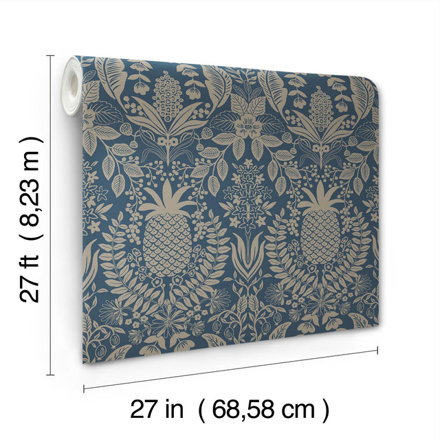 Pineapple Damask Navy Wallpaper with Traditional Novelty Pineapple Motif - York RF7486