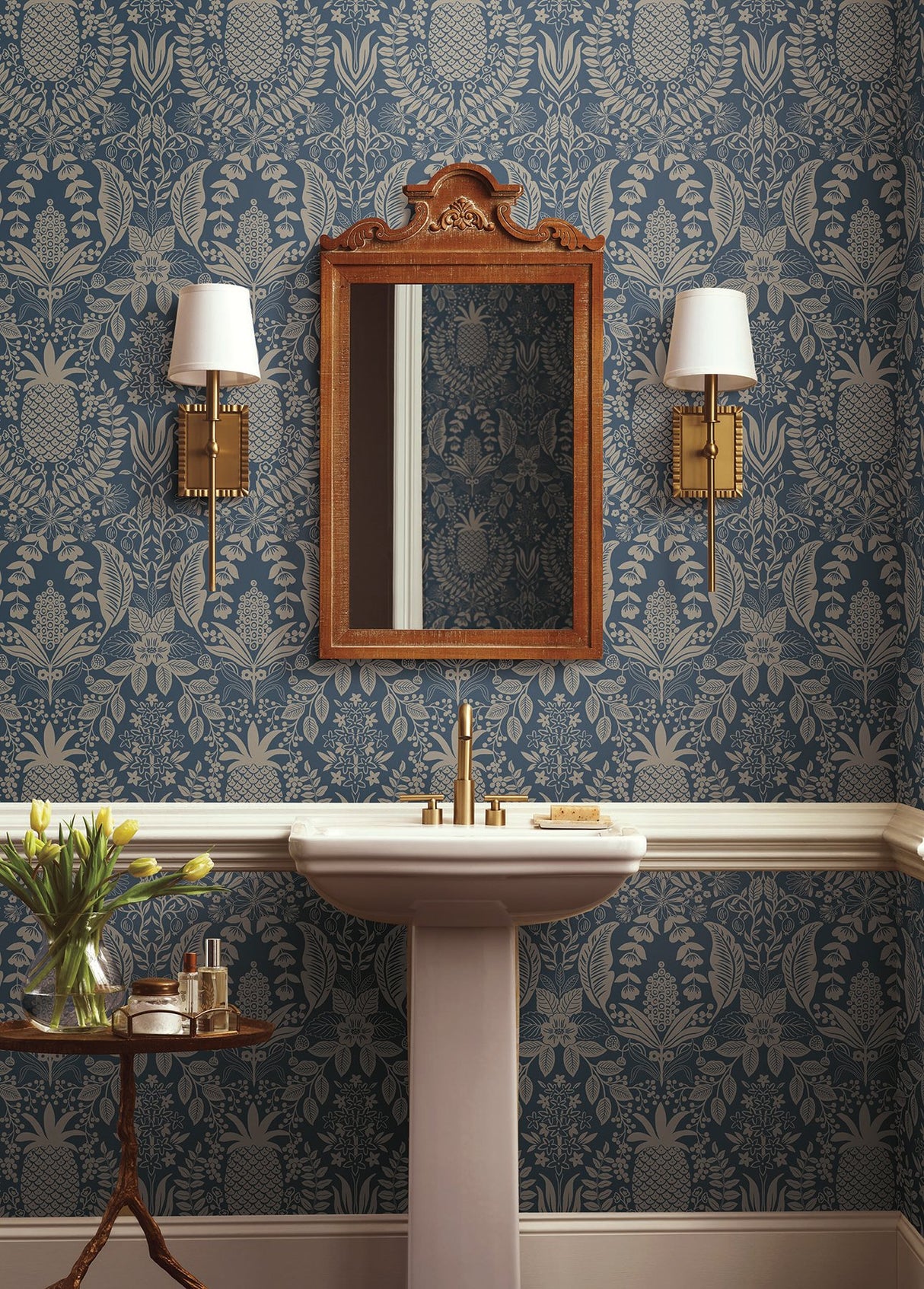 Pineapple Damask Navy Wallpaper with Traditional Novelty Pineapple Motif - York RF7486