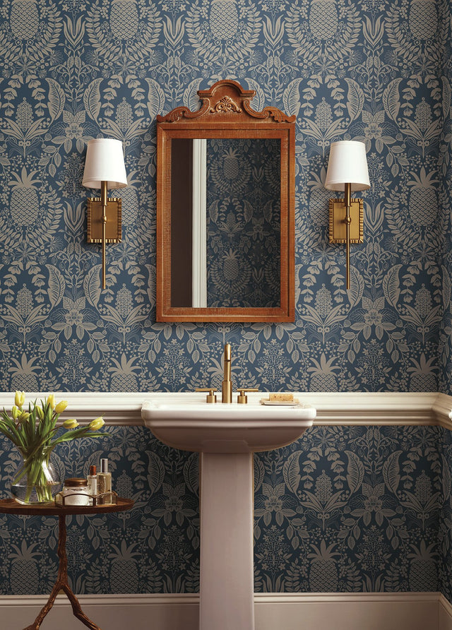 Pineapple Damask Navy Wallpaper with Traditional Novelty Pineapple Motif - York RF7486