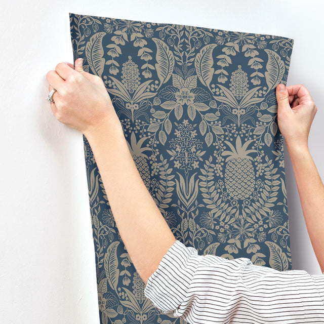 Pineapple Damask Navy Wallpaper with Traditional Novelty Pineapple Motif - York RF7486