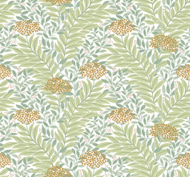 Highgrove White Wallpaper with Metallic Green Floral Leaves Pattern - York RF7501