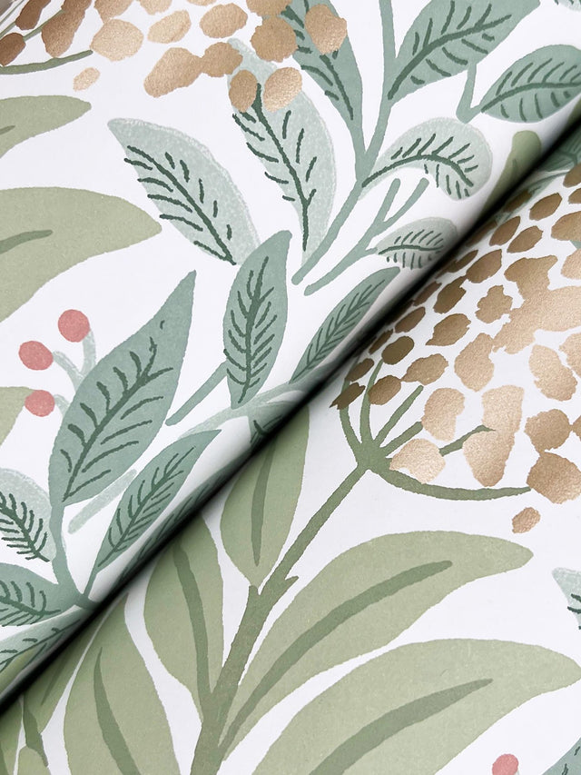 Highgrove White Wallpaper with Metallic Green Floral Leaves Pattern - York RF7501