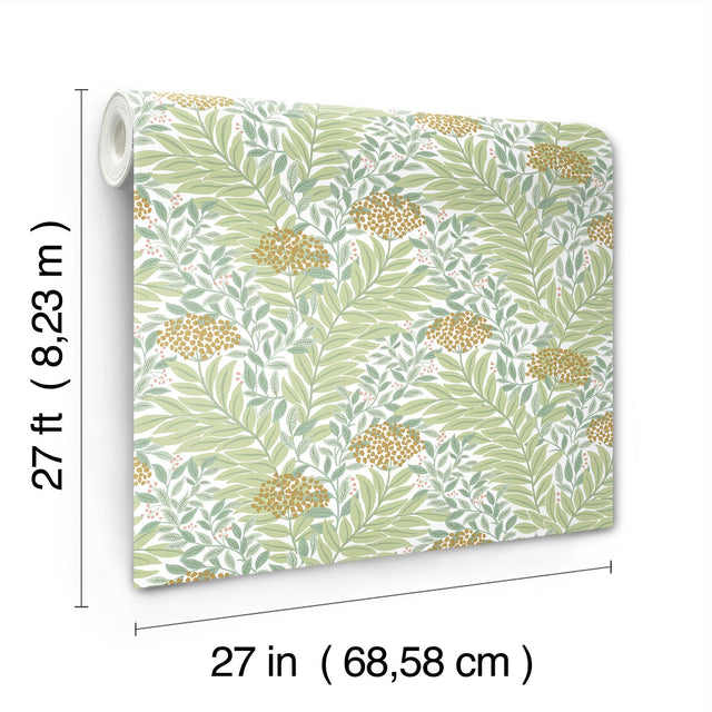 Highgrove White Wallpaper with Metallic Green Floral Leaves Pattern - York RF7501