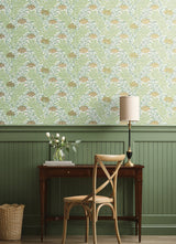 Highgrove White Wallpaper with Metallic Green Floral Leaves Pattern - York RF7501