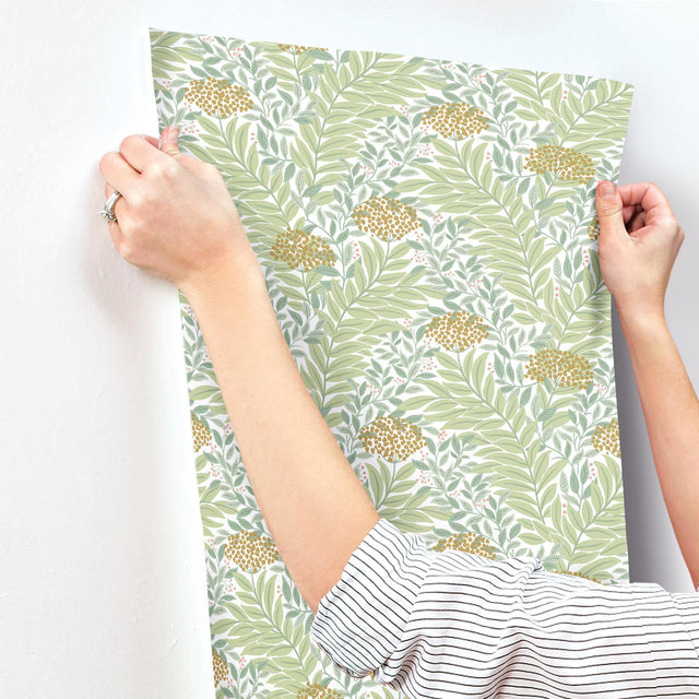 Highgrove White Wallpaper with Metallic Green Floral Leaves Pattern - York RF7501