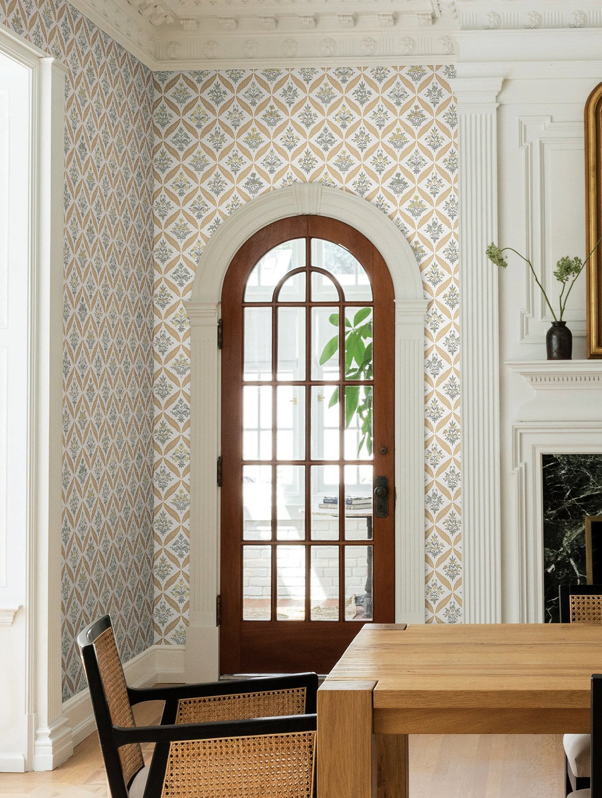 Estee Garden Gold Wallpaper with Metallic Floral Lattice - York RF7511