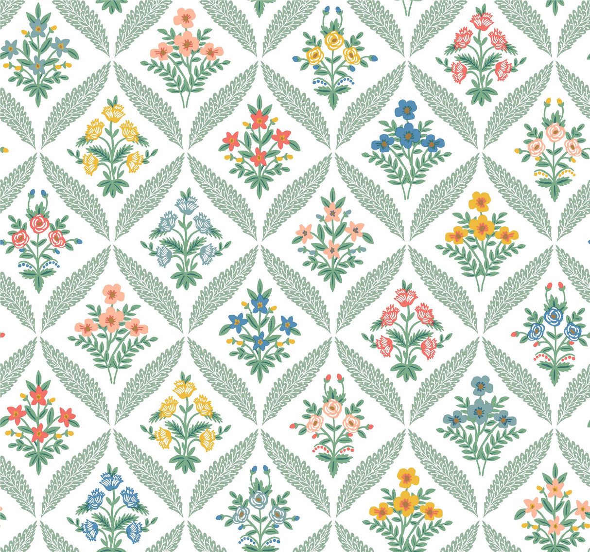 Estee Garden Sage Wallpaper with Metallic Floral Trellis - York RF7513