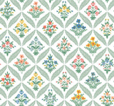 Estee Garden Sage Wallpaper with Metallic Floral Trellis - York RF7513