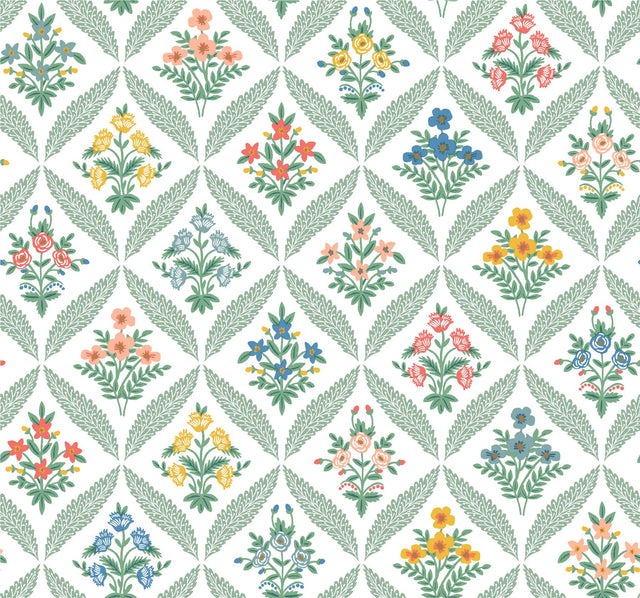 Estee Garden Sage Wallpaper with Metallic Floral Trellis - York RF7513