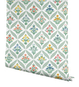 Estee Garden Sage Wallpaper with Metallic Floral Trellis - York RF7513