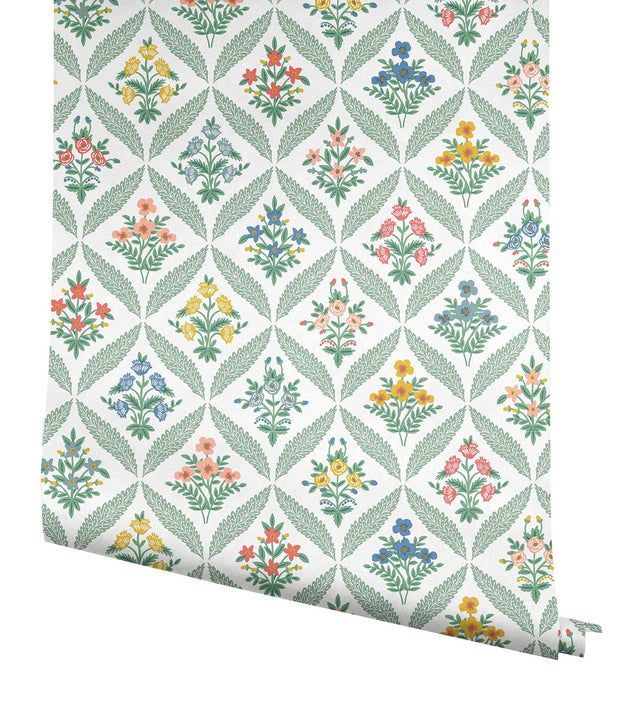 Estee Garden Sage Wallpaper with Metallic Floral Trellis - York RF7513