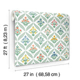 Estee Garden Sage Wallpaper with Metallic Floral Trellis - York RF7513
