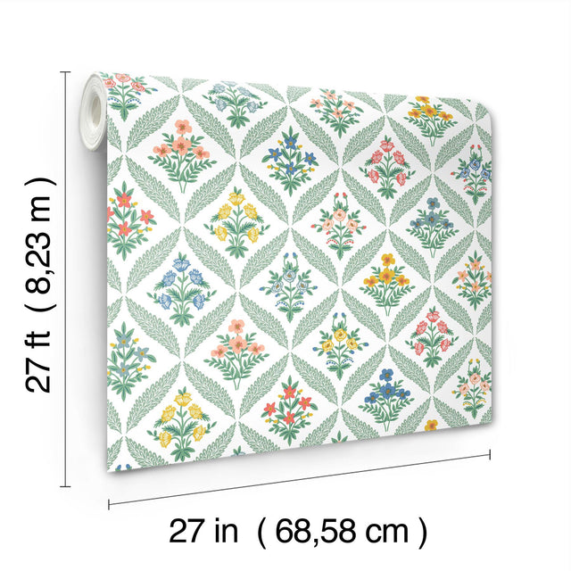 Estee Garden Sage Wallpaper with Metallic Floral Trellis - York RF7513