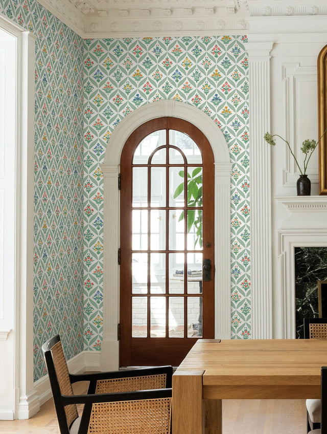 Estee Garden Sage Wallpaper with Metallic Floral Trellis - York RF7513