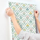 Estee Garden Sage Wallpaper with Metallic Floral Trellis - York RF7513