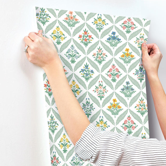 Estee Garden Sage Wallpaper with Metallic Floral Trellis - York RF7513