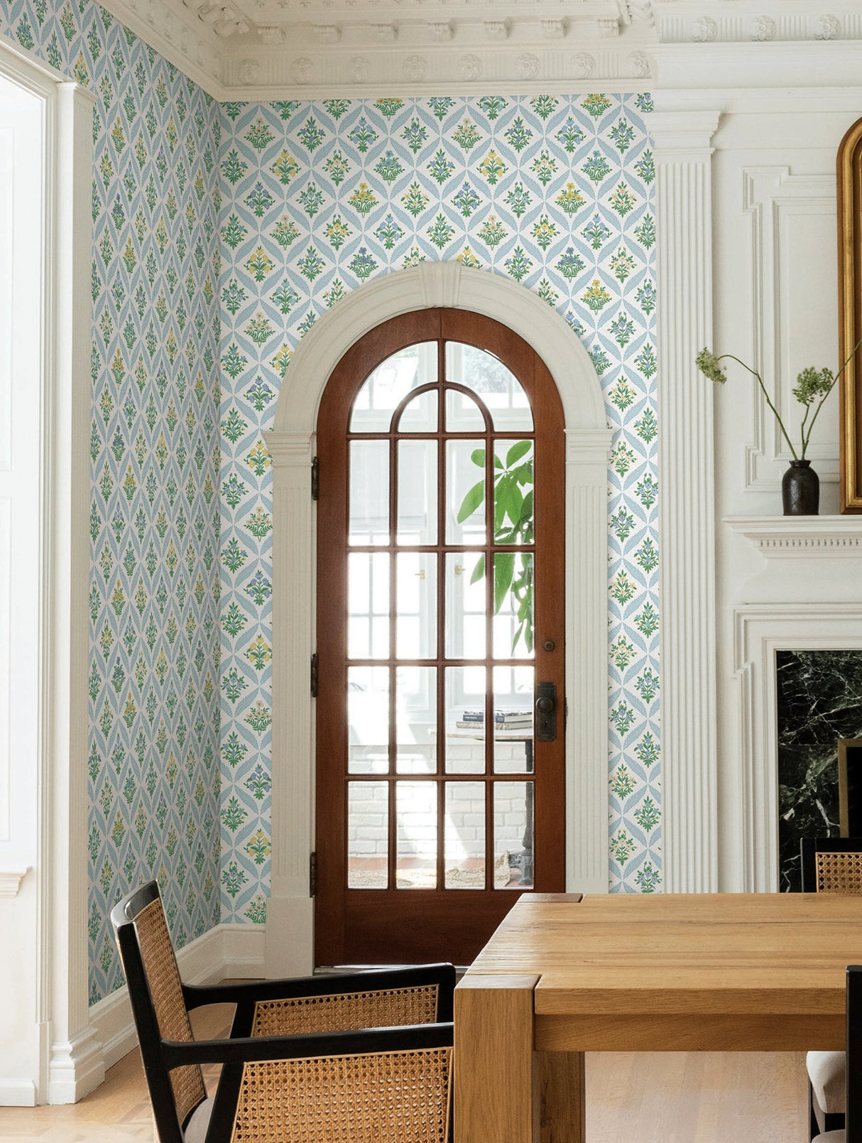 Estee Garden Blue Wallpaper with Metallic Accents- Rifle Paper Co. Farmhouse Floral - York RF7514