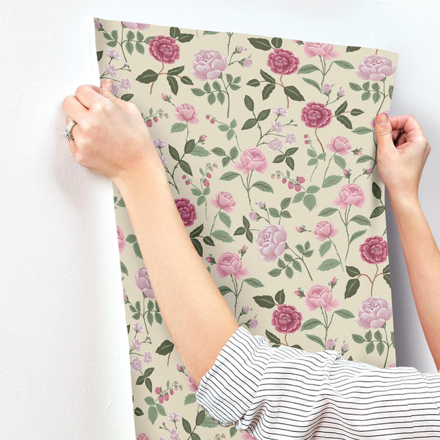 Roses Linen Wallpaper with Botanical Whimsical Floral Pattern - York RF7541